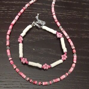 Heishi Shell Silver Necklace 16.5" Long And Pink Flowers Heishi Anklet Bundle